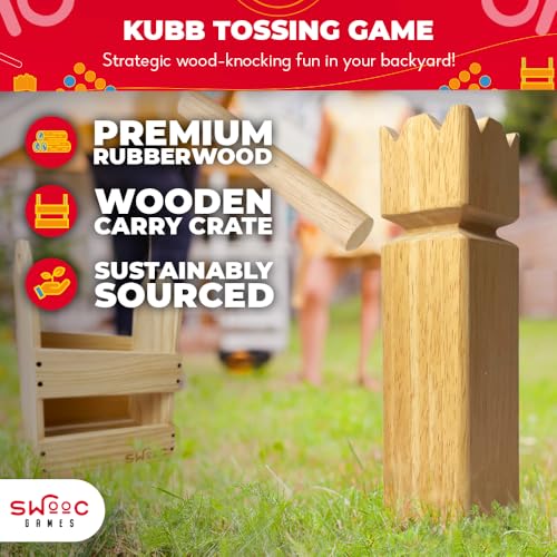 SWOOC Games - Kubb Yard Game Set - Premium Hardwood Viking Chess Set w/Wood Crate - for Adults & Kids - Backyard Size Kubb Game - for Kuub Tournaments with Friends - Viking Game - Kuube Outdoor Game - Image 2