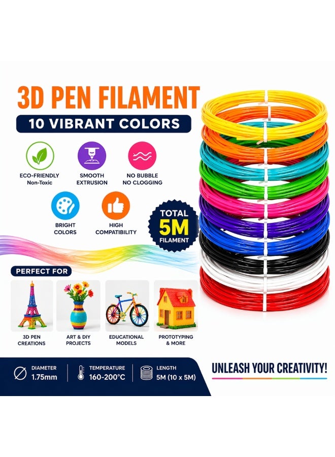 Lukadah 3D Pen Filament Refills 1.75mm – 10 Colors, 5m Each, Low Temperature 160–200°C, Multicolor Pack, Compatible with Most 3D Printing Pens, Smooth Drawing, Non-Toxic, Eco-Friendly Craft Plastic Wire for Kids Adults Art DIY - Image 2