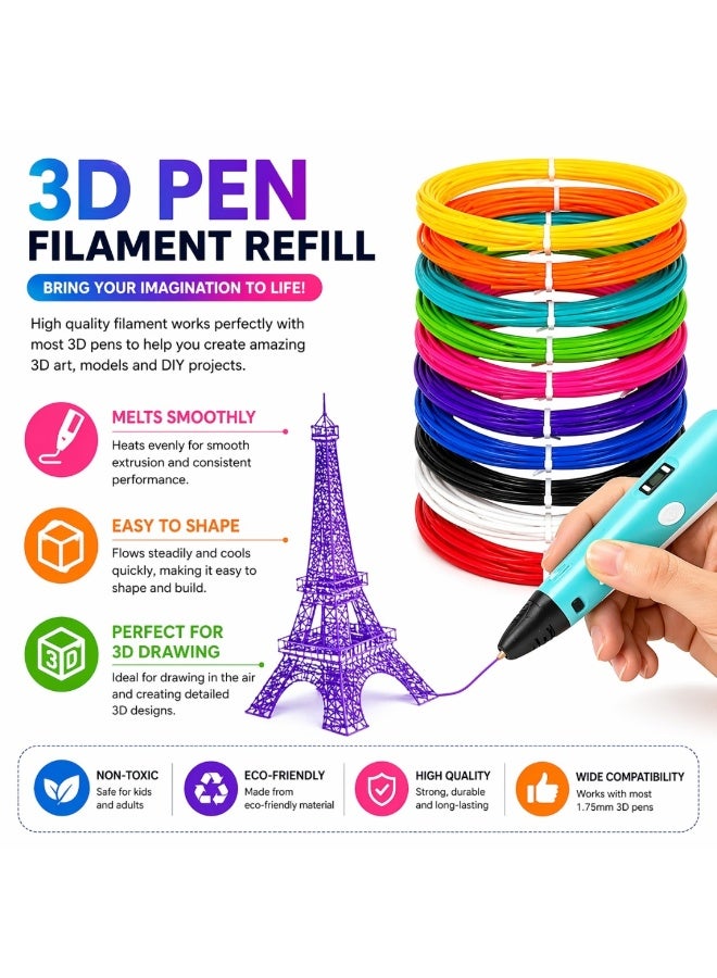 Lukadah 3D Pen Filament Refills 1.75mm – 10 Colors, 5m Each, Low Temperature 160–200°C, Multicolor Pack, Compatible with Most 3D Printing Pens, Smooth Drawing, Non-Toxic, Eco-Friendly Craft Plastic Wire for Kids Adults Art DIY - Image 5