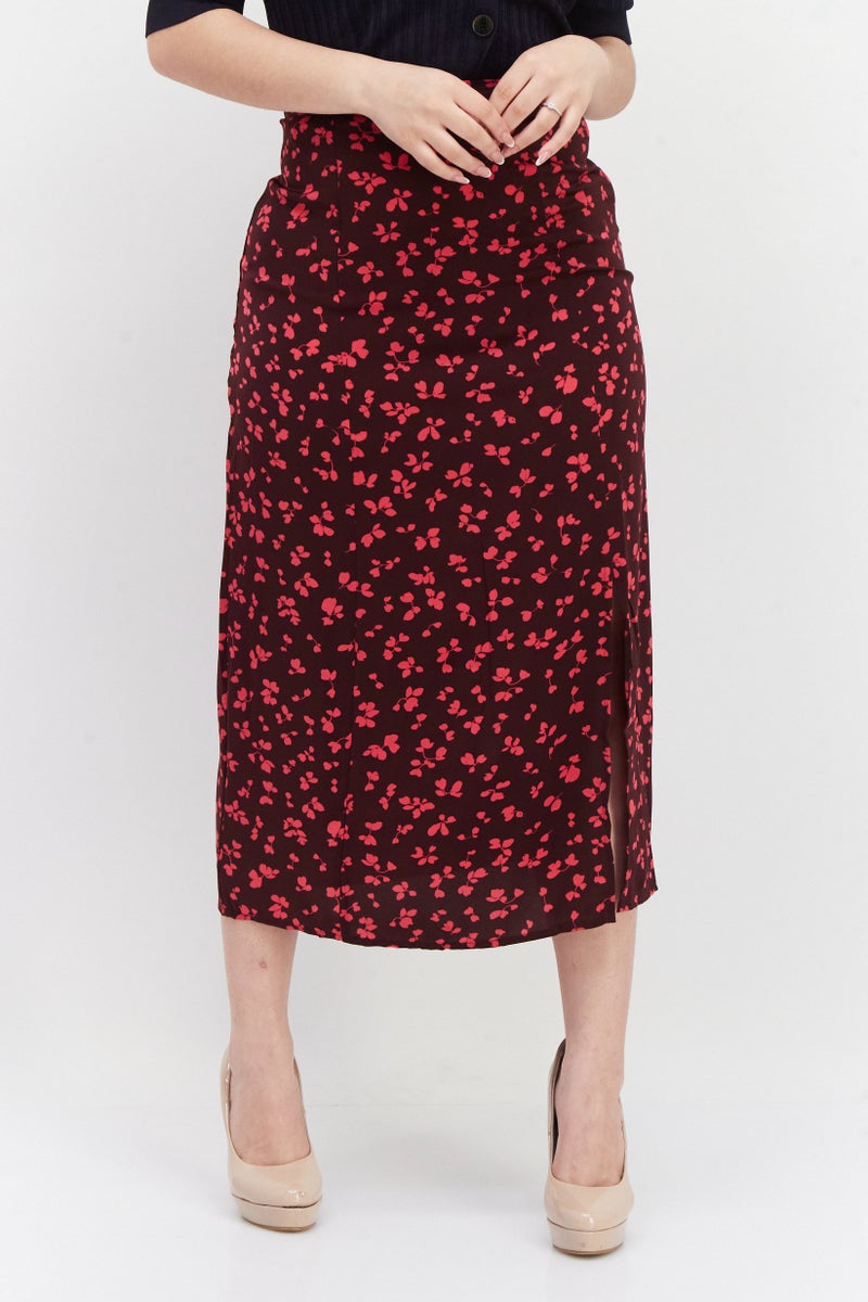 French Connection Women Floral Pattern Midi Skirts, Maroon - Image 1