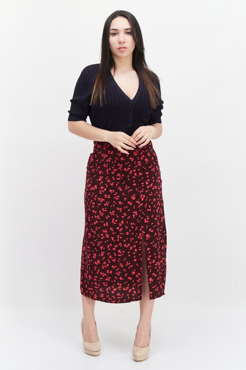 French Connection Women Floral Pattern Midi Skirts, Maroon - Image 3