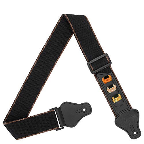 BestSounds Guitar Strap, 100% Soft Cotton Guitar Straps With 3 Pick Holders For Bass, Electric & Acoustic Guitar (Black) - Image 1