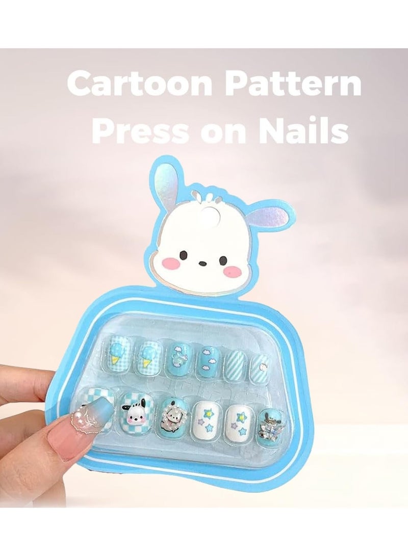 Yalla Pick 36Pcs Press on Nails for Girls, Children Press on Fake Nail Tip Cartoon Full Cover Short Children Artificial Nail, Cute Nails with Relief Designs (Yellow Puppy+ Blue+ Pink Bunny) - Image 2