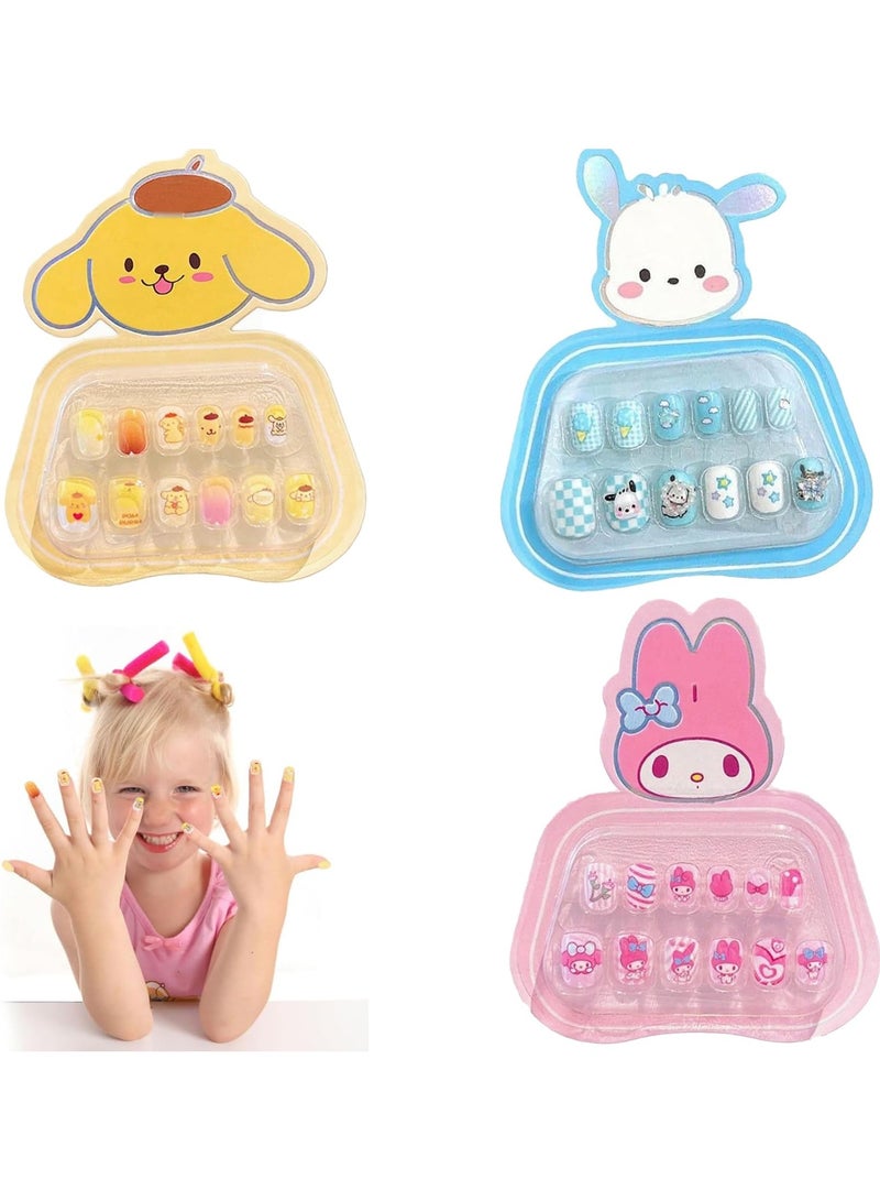 Yalla Pick 36Pcs Press on Nails for Girls, Children Press on Fake Nail Tip Cartoon Full Cover Short Children Artificial Nail, Cute Nails with Relief Designs (Yellow Puppy+ Blue+ Pink Bunny) - Image 1