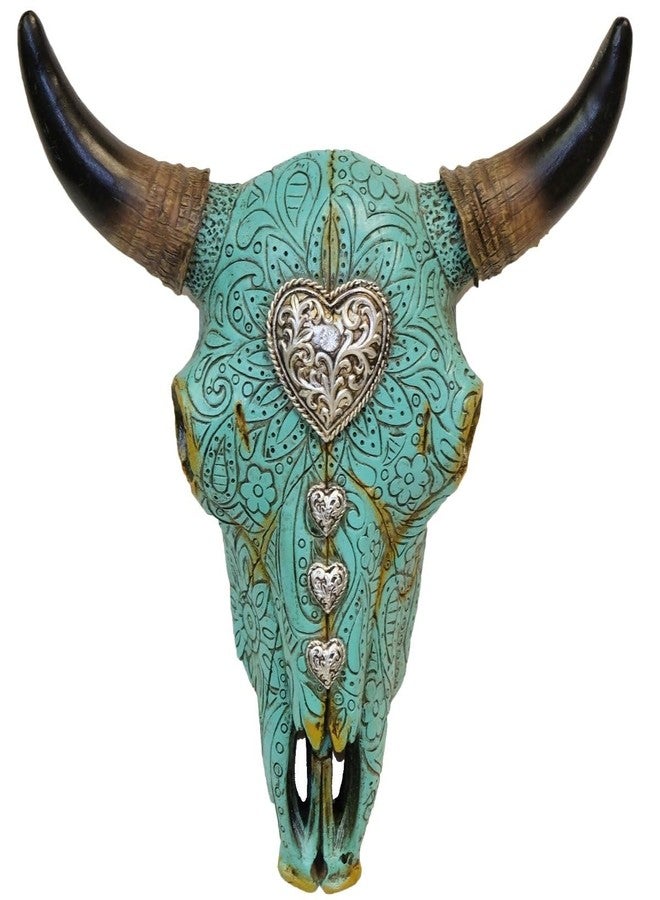 De Leon Collections Paisley Turquoise Floral with Concho Heart Distressed Carved Cow Bull Steer Skull Hanging Wall Décor