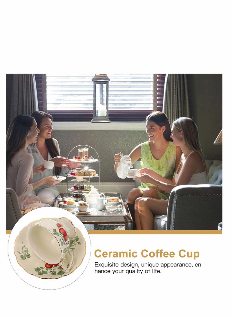 SYOSI Vintage Porcelain Tea Cup Coffee Mug Set Morning Tea Cup with Gold Trim  Gift Box, Coffee Cup + Saucer + Teaspoon, 220ml High a cup of strawberry cake - Image 5
