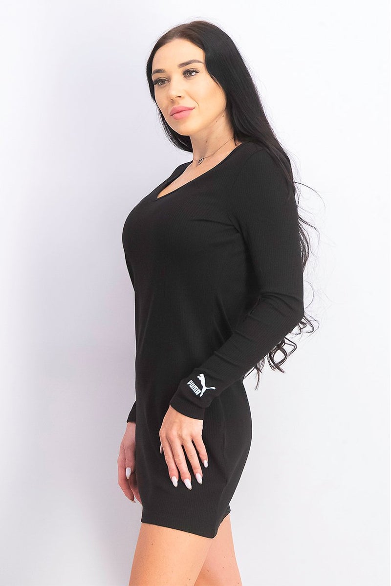 PUMA Women Ribbed Long Sleeve V-neck Bodycon Dress, Black - Image 3