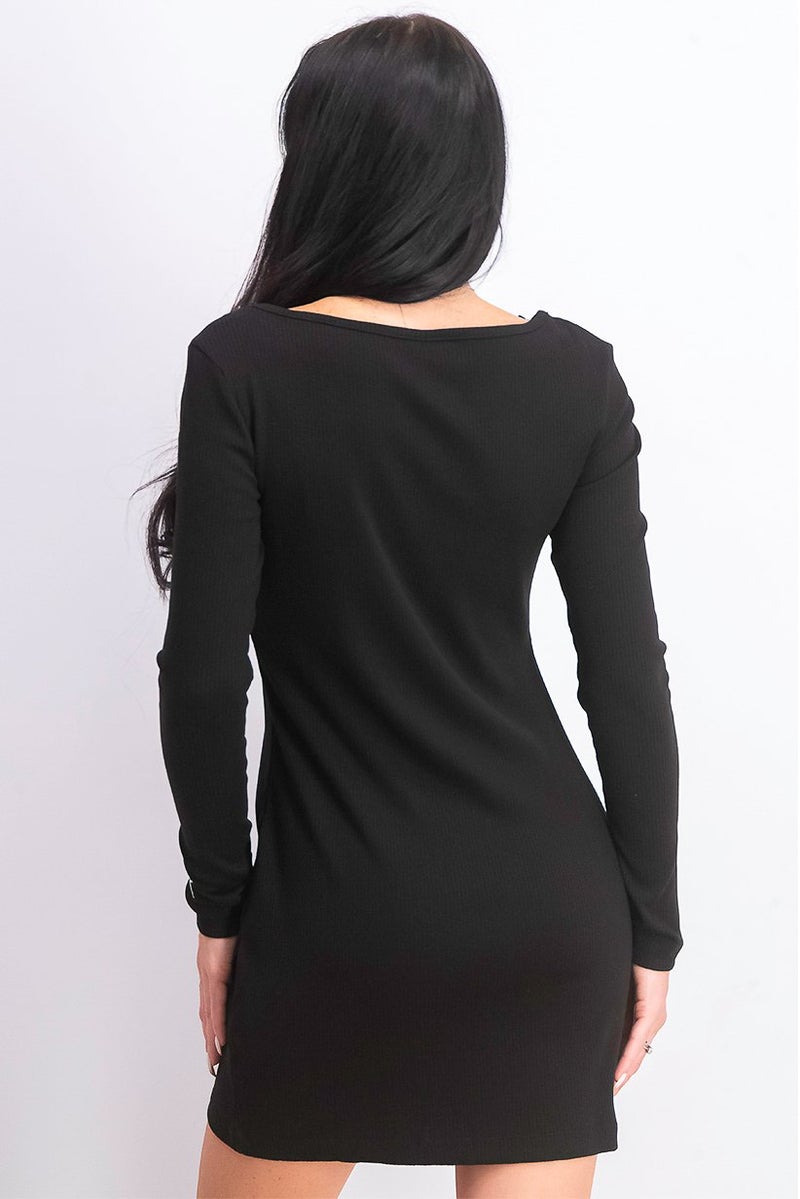 PUMA Women Ribbed Long Sleeve V-neck Bodycon Dress, Black - Image 4