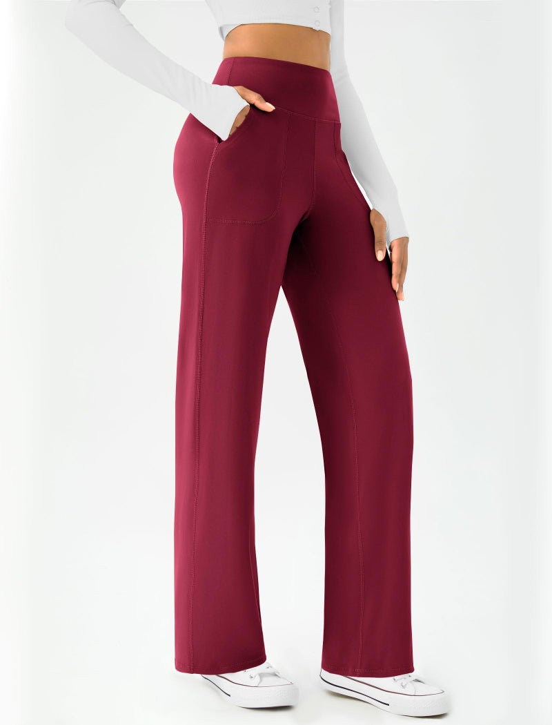 DLOODA Womens Wide Leg Yoga Pants Casual Work Dress Pants Lounge Sweatpants High Waist Comfy Loose Trousers with Pockets Wine Red - Image 2