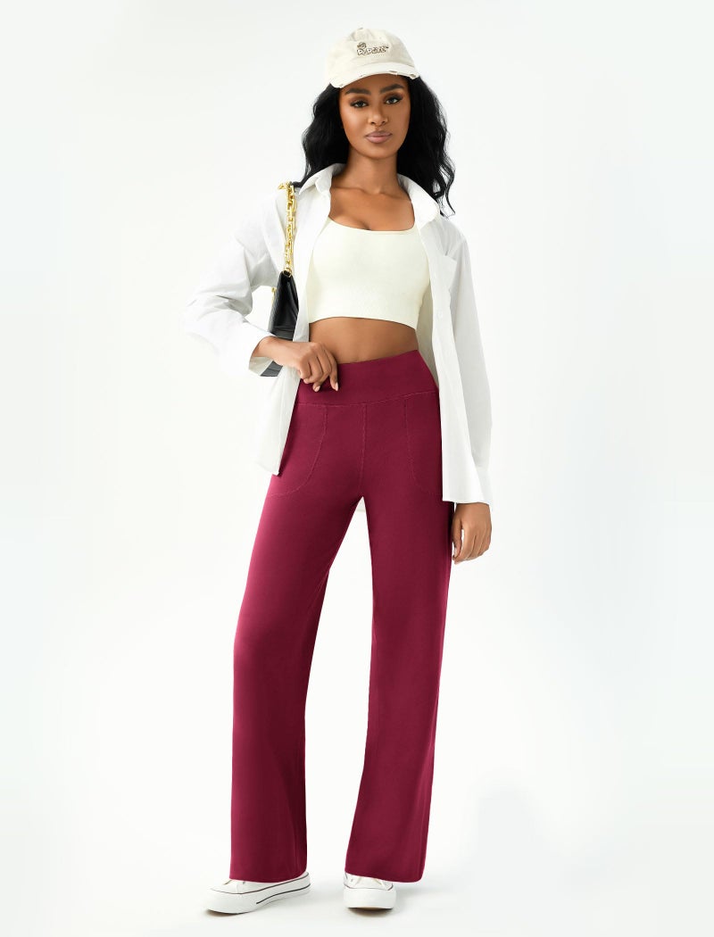 DLOODA Womens Wide Leg Yoga Pants Casual Work Dress Pants Lounge Sweatpants High Waist Comfy Loose Trousers with Pockets Wine Red - Image 5