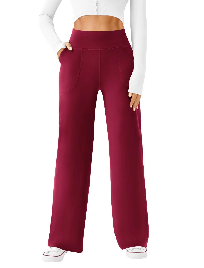 DLOODA Womens Wide Leg Yoga Pants Casual Work Dress Pants Lounge Sweatpants High Waist Comfy Loose Trousers with Pockets Wine Red - Image 1
