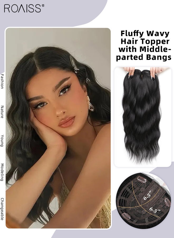 roaiss Fluffy Wavy Hair Topper with Middle-parted Bangs for Women, Natural Soft Synthetic Heat Resistant Hair Wig for Thinning Hair Hair Loss Cover Gray Hair, Natural Black, 45cm (18 inches) - Image 1