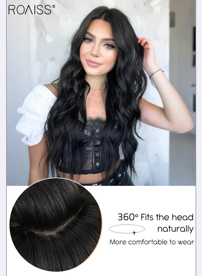 roaiss Fluffy Wavy Hair Topper with Middle-parted Bangs for Women, Natural Soft Synthetic Heat Resistant Hair Wig for Thinning Hair Hair Loss Cover Gray Hair, Natural Black, 45cm (18 inches) - Image 5