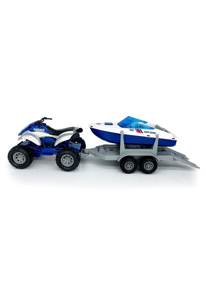 VIIGER Large Atv Toy With Trailer Speedboat Tow Truck Flatbed Transport Police Motorcycle Toy Vehicle 2 In 1 Playset Light Sound Toys Trucks For Boys 3 4 5 6 7 Years Old Kids Toddlers Birthday Gifts Blue - Image 3