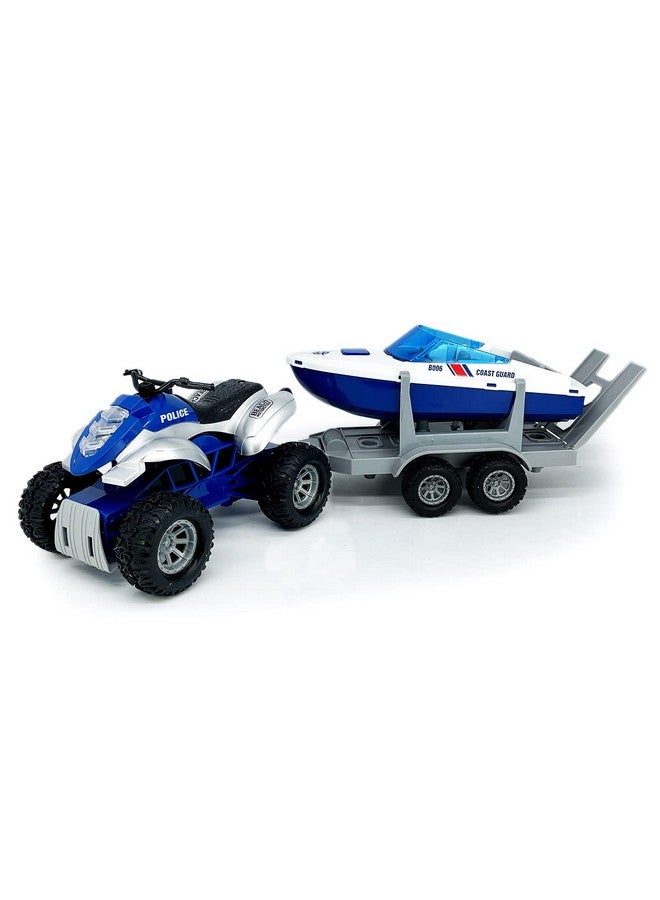 VIIGER Large Atv Toy With Trailer Speedboat Tow Truck Flatbed Transport Police Motorcycle Toy Vehicle 2 In 1 Playset Light Sound Toys Trucks For Boys 3 4 5 6 7 Years Old Kids Toddlers Birthday Gifts Blue - Image 2