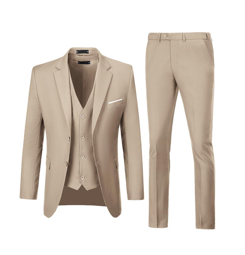 Men Suit 3 Piece Slim Fit Set Wedding Suits Groom Prom Suit Tuxedo Champagne Casual Solid Jacket 2 Button Blazer Vest Pants