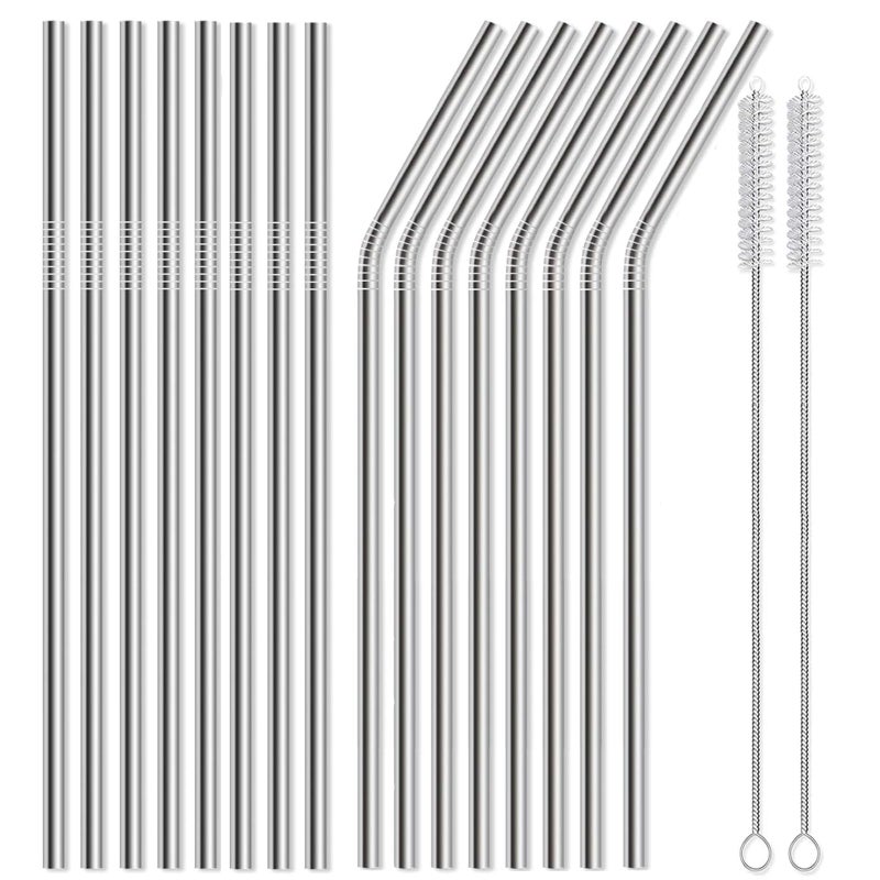 TraVisonyx 16 Pack of Reusable Stainless Steel Metal Straws, 8 Straight + 8 Bent 8.5 Inch Metal Straws with 2 Cleaning Brushes Dishwasher Safe - Image 1