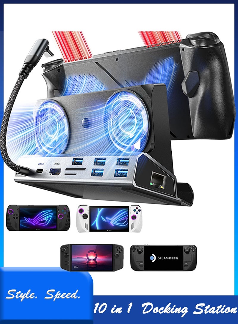 قاعدة توسعة 10 في 1 لجهاز Steam Deck OLED وROG Ally X وLegion Go، مزودة بـ HDMI بدقة 4K، ومروحتين تبريد، ومنفذ شحن PD بقوة 100 واط، وإيثرنت جيجابت، و5 منافذ USB، ومحور USB-C لأجهزة الألعاب المحمولة  - Image 1