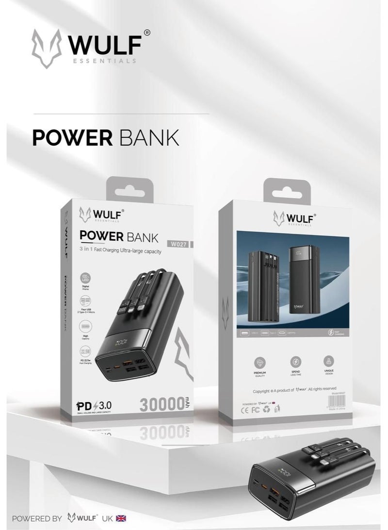 WULF W027 30000mAh 3-in-1 Fast Charging Power Bank | Ultra-Large Capacity | PD 3.0 | LED Display