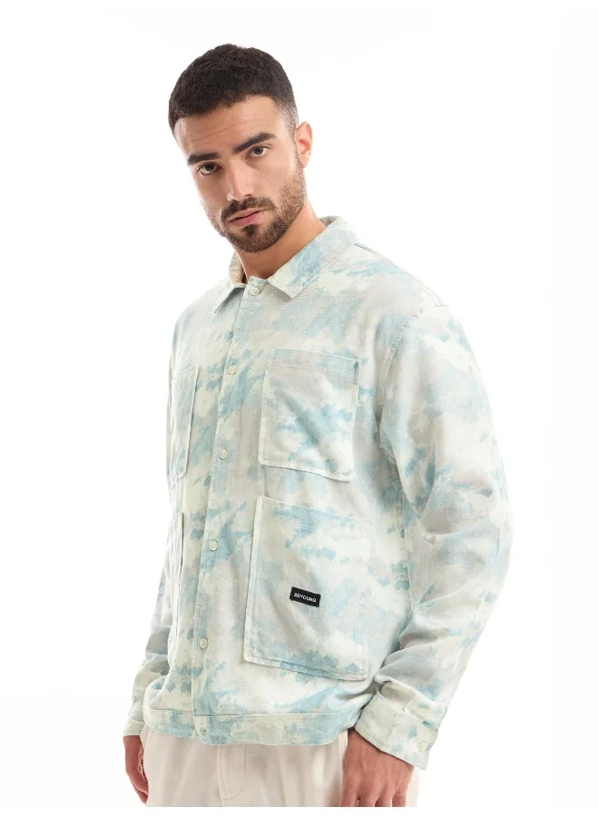 بيونغ White and Sky Blue Shacket-Fit Shirt for Men