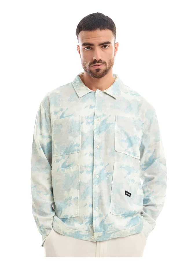 بيونغ White and Sky Blue Shacket-Fit Shirt for Men