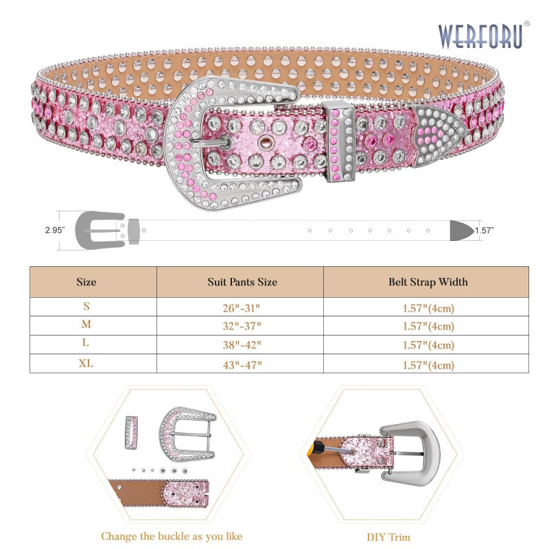 Werforu Women Western Rhinestone Studded Leather Belt Cowgirl Bling Waist Belt for Jeans Dress, Pink,Fit Waist Size 27-31 Inches - Image 4