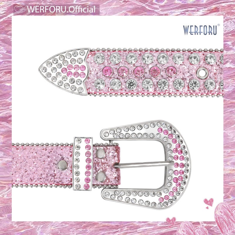 Werforu Women Western Rhinestone Studded Leather Belt Cowgirl Bling Waist Belt for Jeans Dress, Pink,Fit Waist Size 27-31 Inches - Image 3