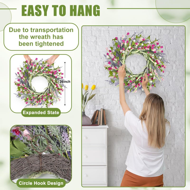 Artgar 26 Inch Spring Wreaths for Front Door, Spring Summer Lavender Paper Flower Wreaths for Home Farmhouse Windows Walls Porch Wedding Indoor Outdoor Decor for All Seasons (Pink) - Image 3