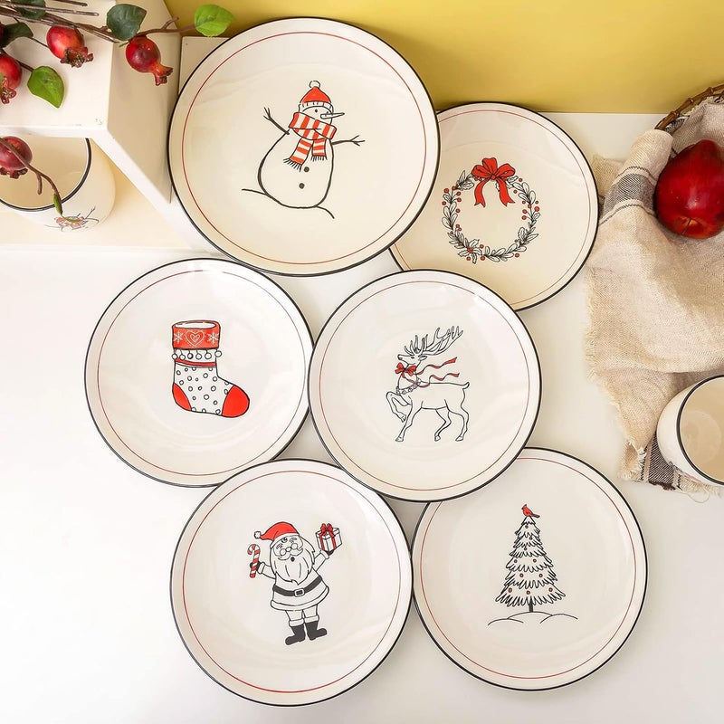 LEHAHA Christmas Ceramic Plates Set of 6–8.5 Inch Christmas Theme Holiday Salad, Dessert, Cake, Party, Appetizer and Small Dinner Plates, Dishwasher & Microwave safe, Assorted Design - Image 5