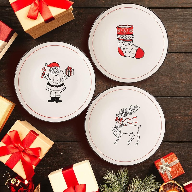 LEHAHA Christmas Ceramic Plates Set of 6–8.5 Inch Christmas Theme Holiday Salad, Dessert, Cake, Party, Appetizer and Small Dinner Plates, Dishwasher & Microwave safe, Assorted Design - Image 2