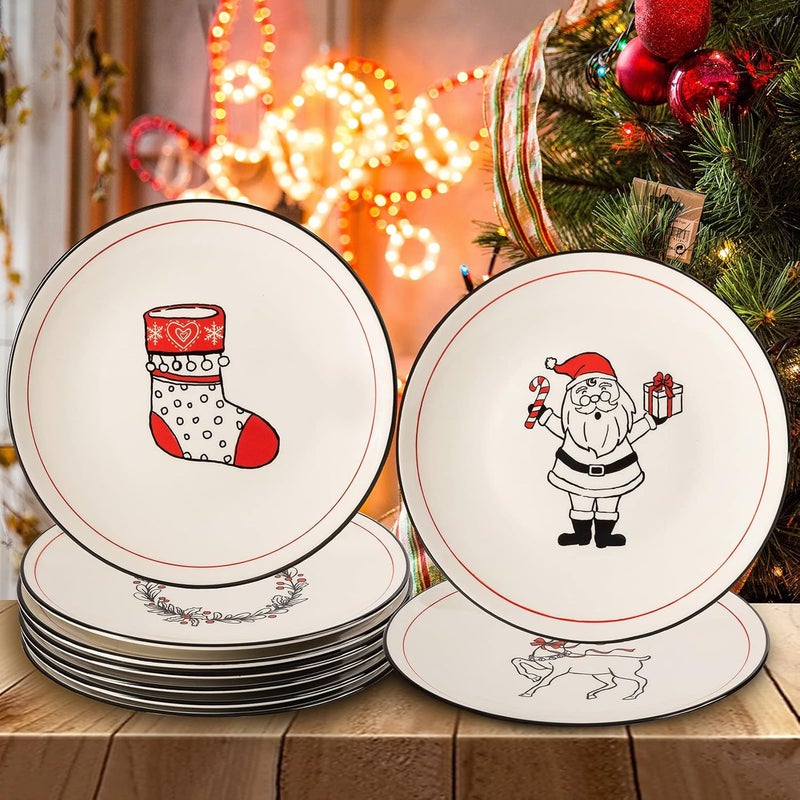 LEHAHA Christmas Ceramic Plates Set of 6–8.5 Inch Christmas Theme Holiday Salad, Dessert, Cake, Party, Appetizer and Small Dinner Plates, Dishwasher & Microwave safe, Assorted Design - Image 4