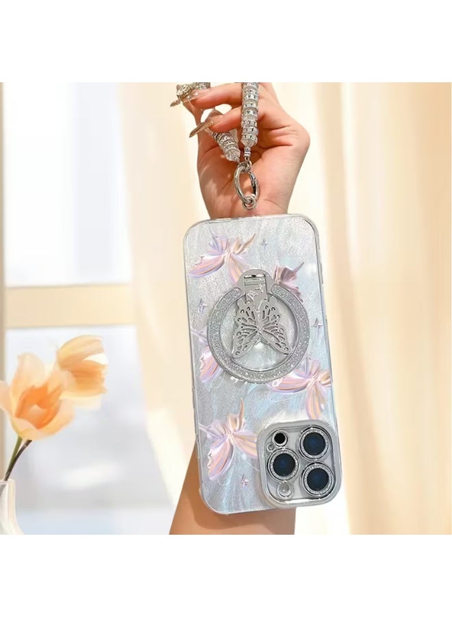 Temu High-end mobile phone case with a glittery butterfly holder, electroplated finish, high quality, full lens protection, mirror stand, and pearl bracelet for iPhone 16 Pro - Image 2