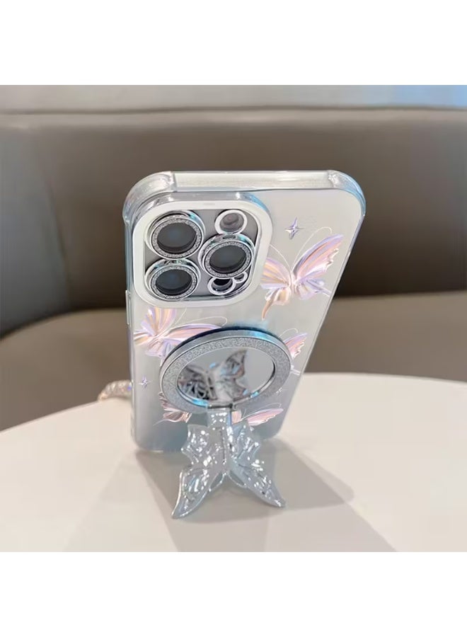 Temu High-end mobile phone case with a glittery butterfly holder, electroplated finish, high quality, full lens protection, mirror stand, and pearl bracelet for iPhone 16 Pro - Image 3