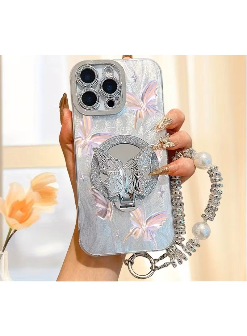 Temu High-end mobile phone case with a glittery butterfly holder, electroplated finish, high quality, full lens protection, mirror stand, and pearl bracelet for iPhone 16 Pro - Image 1