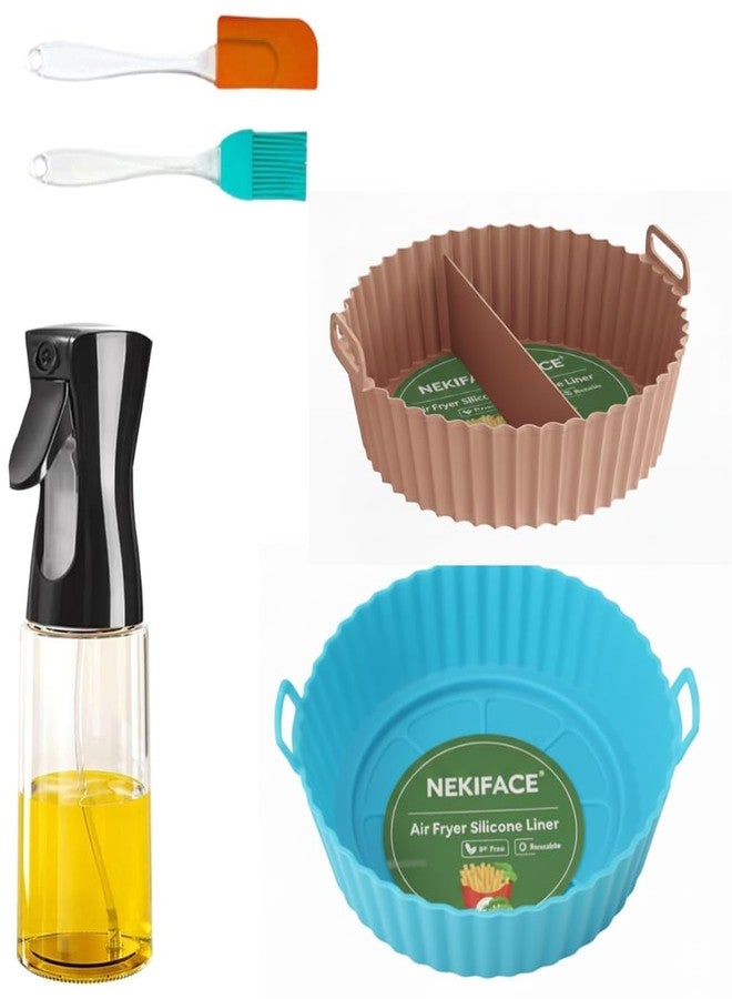 NEKIFACE 1 Pcs Round Reusable Non-Stick air Fryer Accessories Silicone Coating Pot Basket for Microwave Oven oil sprayer bottle and Oil brush And Spatula Set, 200 Millilitre and 1pcs Round Silicone Basket Baking Tray with Middle Partition, Multicolor - Image 1
