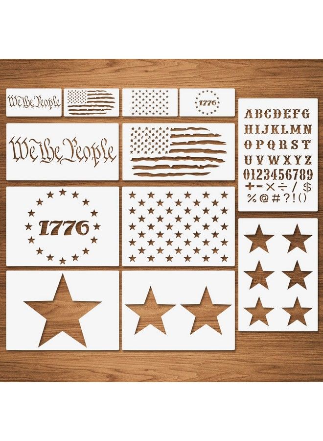 We The People American Flag Stars Stencils 12 Pcs Reusable Patriotic Stencils 1776 Stars We The People English Letters Stencils For Painting On Wood Fabric Wall Home Decor Independence Day