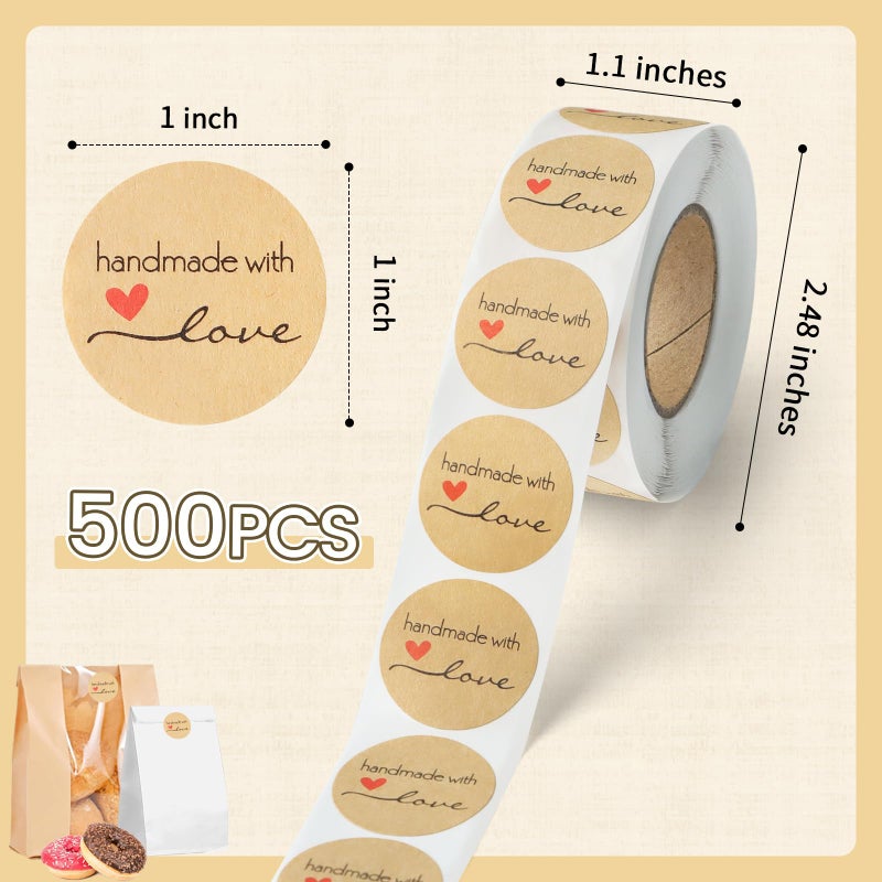 Aixoom 500PCS Handmade with Love Stickers, Kraft Made with Love Tags 1 Inch(25mm) Seal Labels Self-Adhesive for Baked Packaging Envelope Homemade Gift Small Business - Image 2