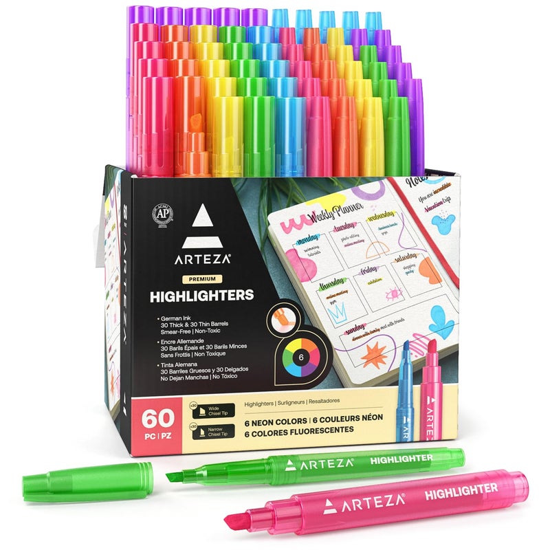 ARTEZA Highlighters Bulk Set of 60 Neon Colors with Broad and Narrow Chisel Tips NonToxic QuickDry Markers for School Office Journaling Notes