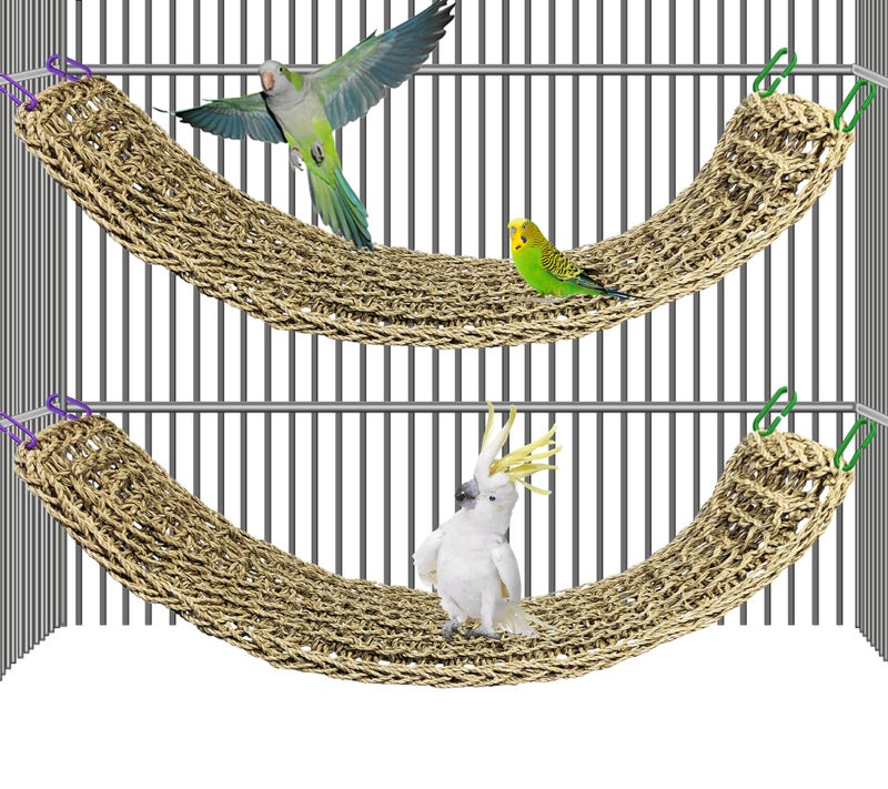 Hamiledyi 2Pcs Bird Seagrass Mat 30 Ã— 7" Natural Grass Woven Net Hammock with Hooks Climbing Rope Ladder Chew Toys Hanging on Parrot Cage for Lovebird Pigeon Cockatiel Conure Budgie Cockatoo - Image 1