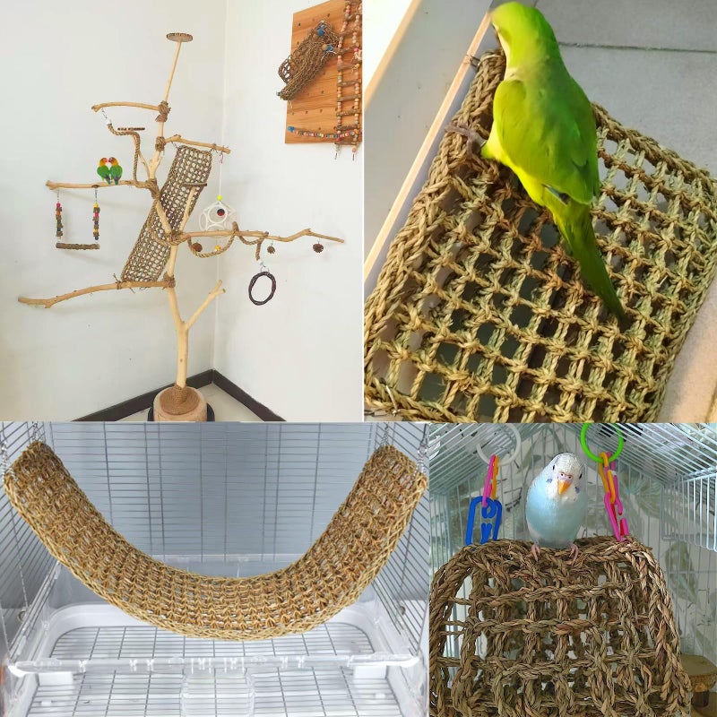 Hamiledyi 2Pcs Bird Seagrass Mat 30 Ã— 7" Natural Grass Woven Net Hammock with Hooks Climbing Rope Ladder Chew Toys Hanging on Parrot Cage for Lovebird Pigeon Cockatiel Conure Budgie Cockatoo - Image 3