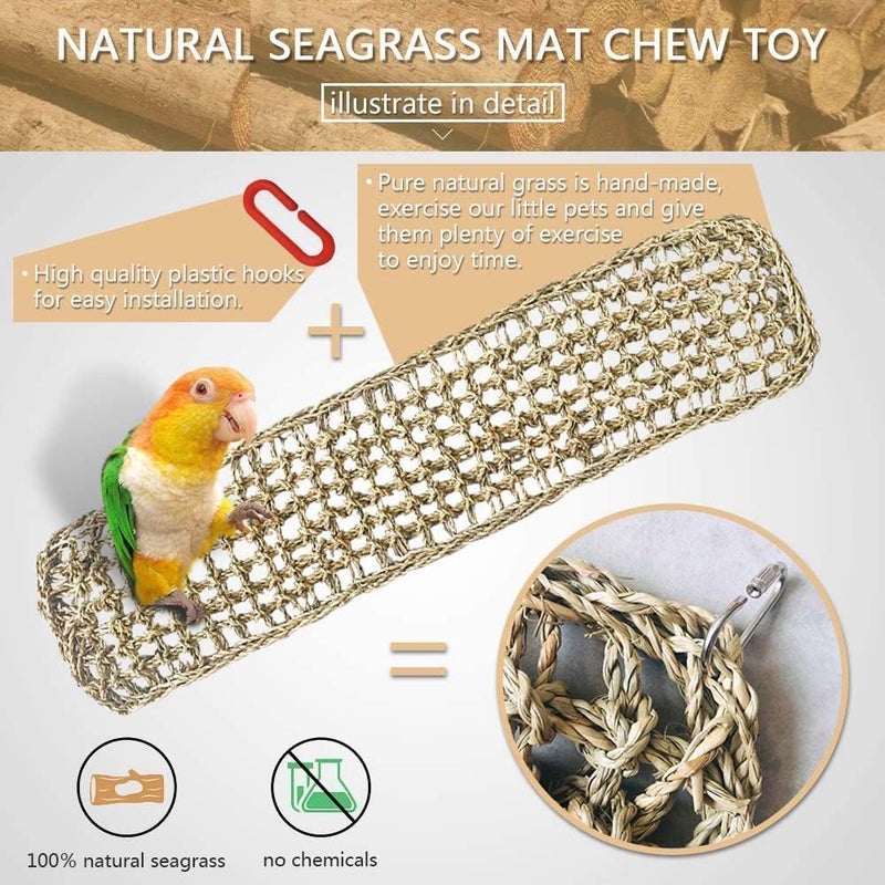 Hamiledyi 2Pcs Bird Seagrass Mat 30 Ã— 7" Natural Grass Woven Net Hammock with Hooks Climbing Rope Ladder Chew Toys Hanging on Parrot Cage for Lovebird Pigeon Cockatiel Conure Budgie Cockatoo - Image 2