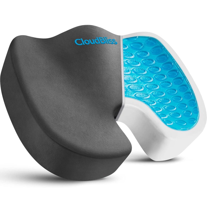 CloudBliss CloudBliss Gel Seat Cushion  Cooling Gel Enhanced Memory Foam Ergonomic Seat Cushion for Long Sitting  Back Sciatica Coccyx Tailbone Pain Relief for Office Game Car Airplane XLarge Grey 