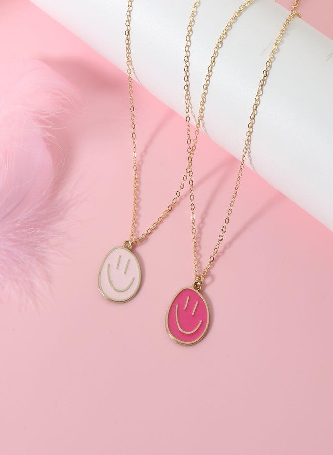 AULSIEY Smile Face Necklaces for Women Friendship Necklaces, Pink Preppy Jewelry Necklace for Daughter Bff Friendship Necklace for 2 -Pink&Hot Pink - Image 2