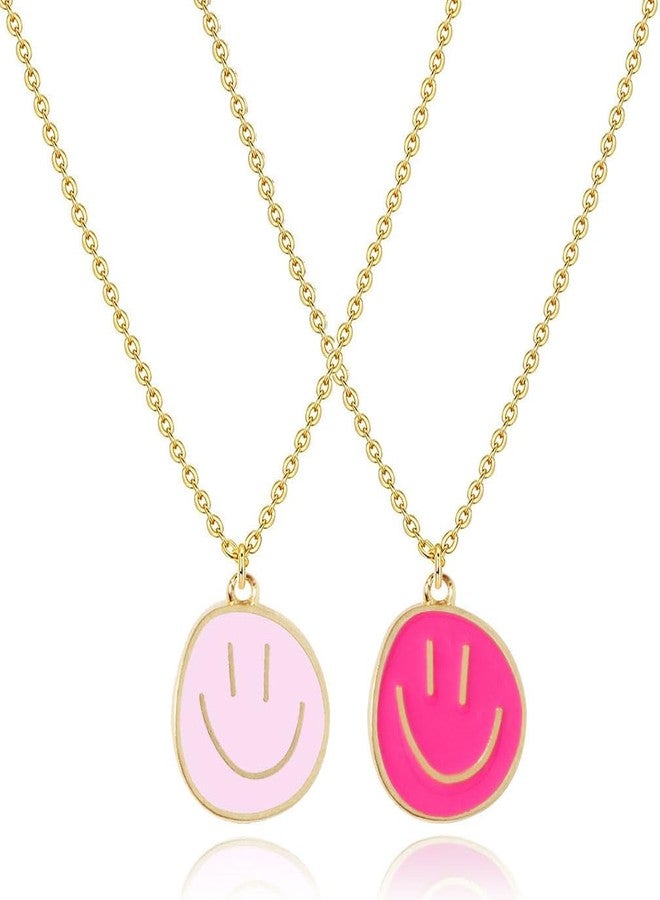 AULSIEY Smile Face Necklaces for Women Friendship Necklaces, Pink Preppy Jewelry Necklace for Daughter Bff Friendship Necklace for 2 -Pink&Hot Pink - Image 1