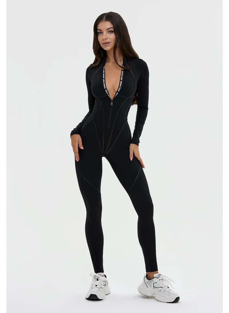 Bona Fide Premium Long Sleeve Athletic Jumpsuit for Women - Sculpting One-Piece Workout Bodysuit with Tummy Control - Elite Contouring Compression Romper for Gym & Yoga - Sleek Black