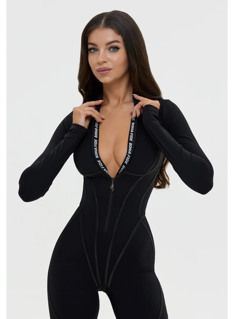 Bona Fide Bona Fide Premium Long Sleeve Athletic Jumpsuit for Women - Sculpting One-Piece Workout Bodysuit with Tummy Control - Elite Contouring Compression Romper for Gym & Yoga - Sleek Black