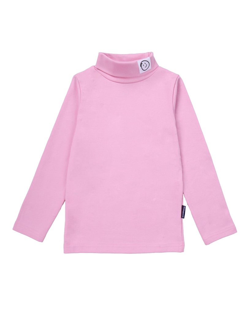 KiddoPanti Boys & Girls Cotton Turtleneck Full Sleeve Tee with Smiley Patch, Baby Pink - 3-4Y - Image 1