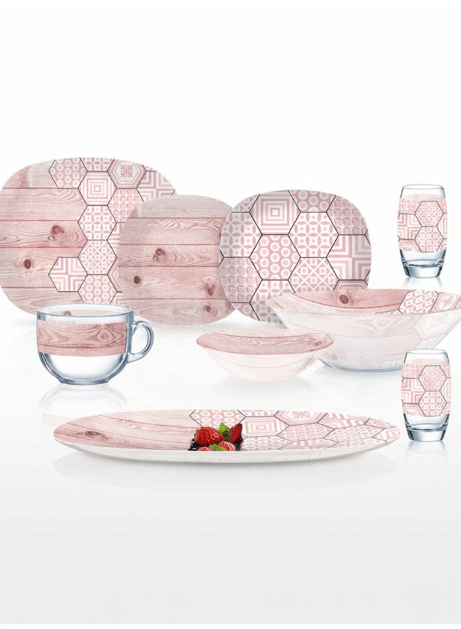 Luminarc Sodo Sweetline Naturestone 38 Piece Dinner Set includes 6 x 26cm Dinner Plates, 6 x 19cm Soup Plates, 6 x 21 cm Dessert Plates, 6 x 17 cm Bowls, 1x 27cm Salad Bowl, 1 x 35 cm Oval Platter, 6x 36cl Tumblers, 6 x 50cl Jumbo Mugs, Tempered High Qualtiy Glass, Chip resistant, Microwave Safe