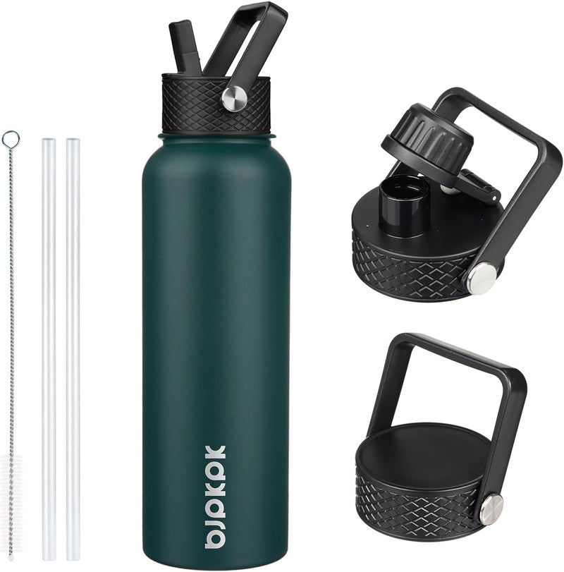 BJPKPK Insulated Water Bottles with Straw Lid, 40oz Stainless Steel Water Bottles with 3 Lids, BPA Free Leakproof Thermos, Tumblers, Cups for Sports, Gym- Army Green - Image 1