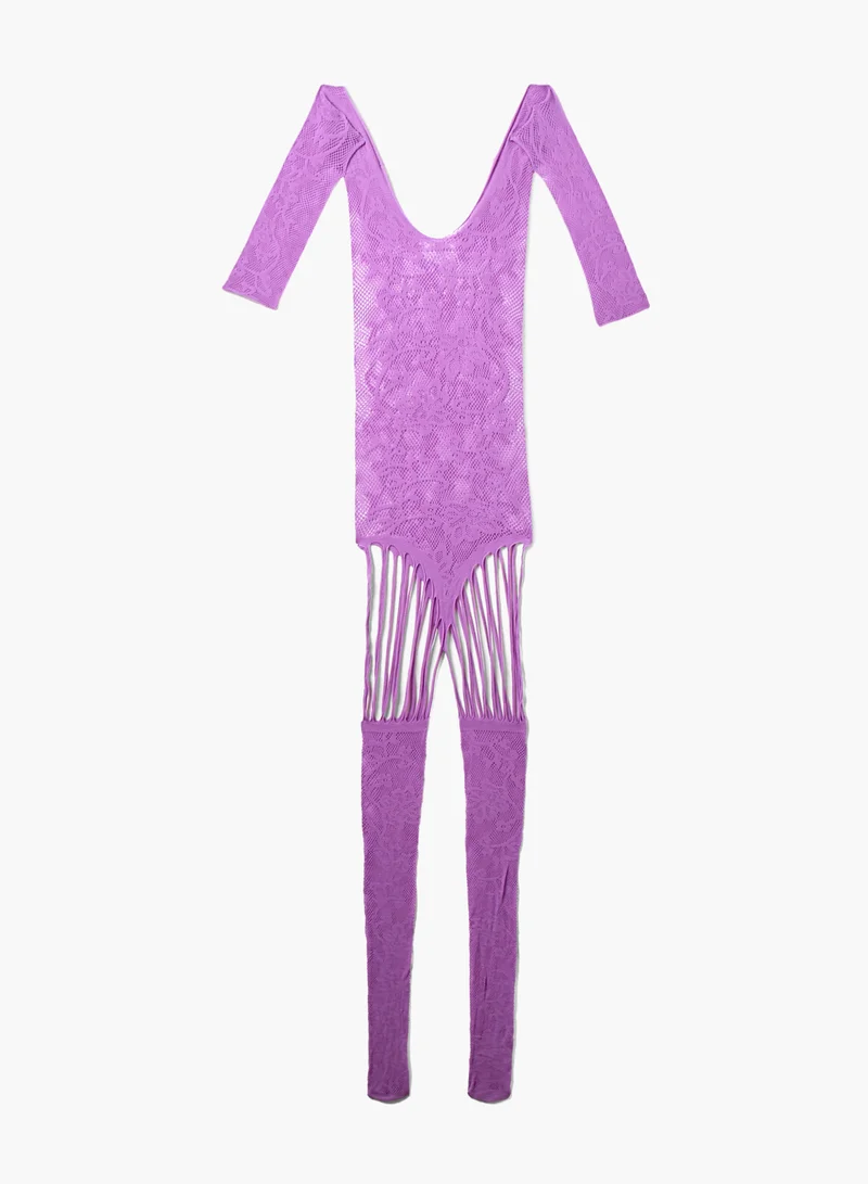 Splash FAV Textured Bodysuit with Scoop Neck and Long Sleeves